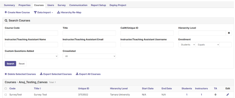 Image shows a successfully imported course. There is text under the Hierarchy Level column.