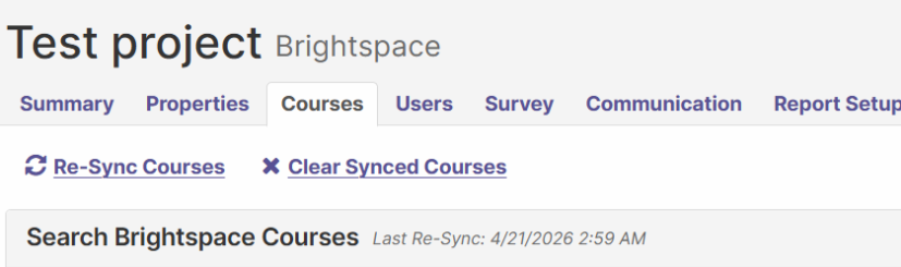 Image of Data Import screen. The buttons for Re-Sync Courses and Clear Synced Courses are shown
