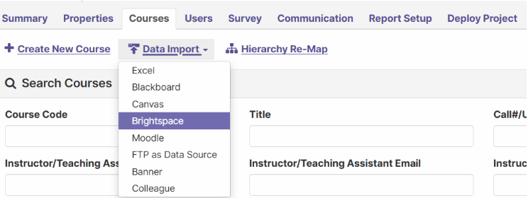 Image showing the Data Import dropdown menu with 'Brightspace' option