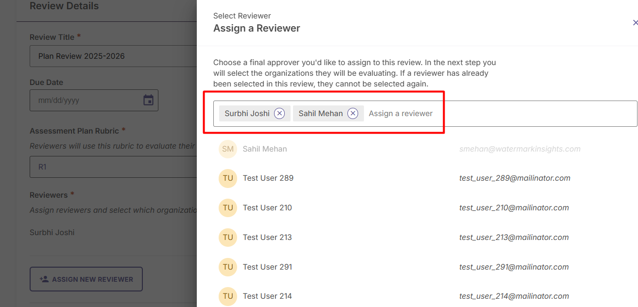 The Assign a Reviewer window showing two selected reviewers and a list of eligible users to add to the assessment plan review.