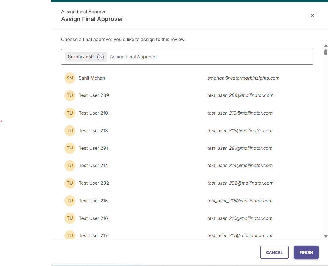 The 'Assign Final Approver' window with one user selected and a list of eligible users available for assignment.