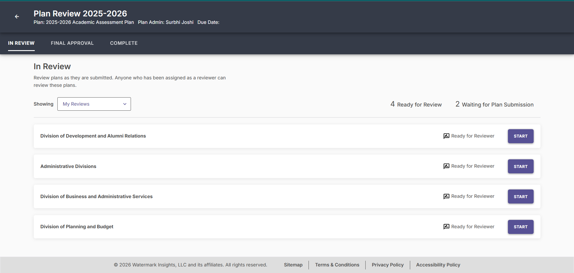 The 'In Review' dashboard listing organizations ready for review, with a filter set to 'My Reviews' and 'Start' buttons for each organization