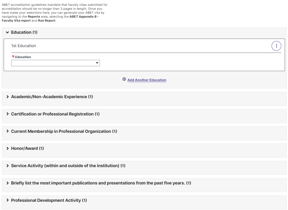 Screenshot of the ABET Vitae screen showing all sections collapsed, including Education, Academic/Non-Academic Experience, Certification or Professional Registration, Current Membership in Professional Organization, Honor/Award, Service Activity, Publications and Presentations, and Professional Development Activity.