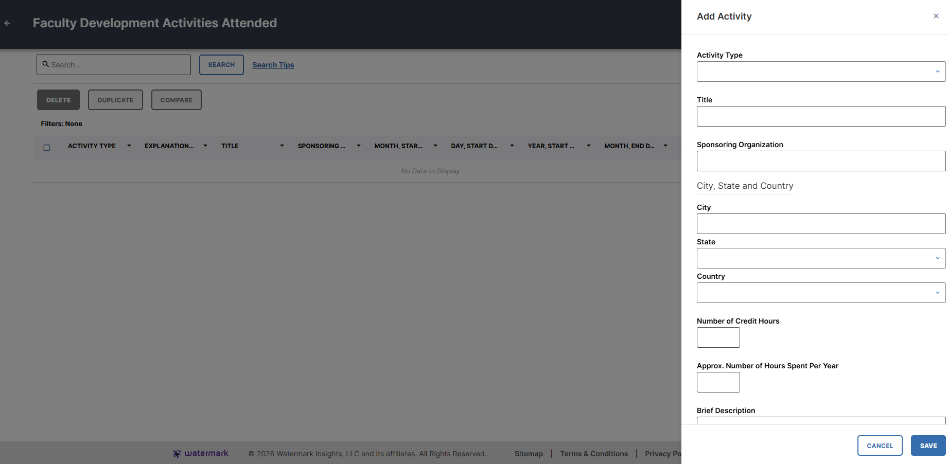 Screenshot of a Faculty Development Activities Attended screen with the data entry drawer showing Activity Type, Title, Sponsoring Organization, Location fields, and Credit Hours.