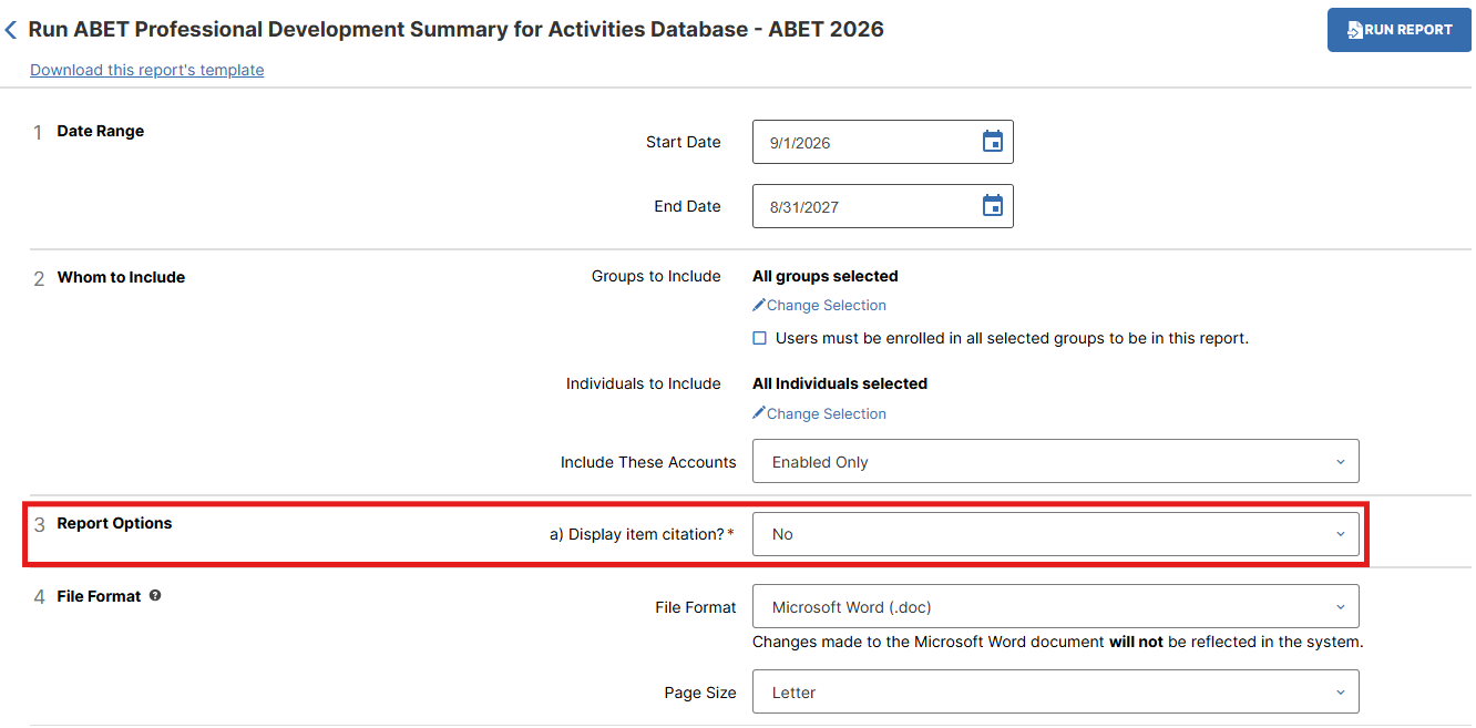 Screenshot of the ABET Professional Development Summary report runner showing the Report Options section with the Display item citation? dropdown set to No.