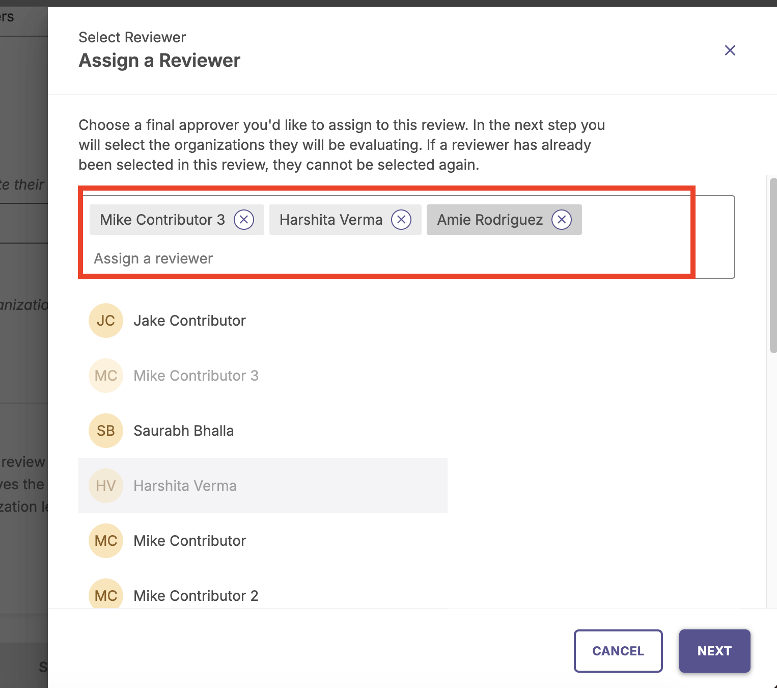 User selection modal with the ability to select names from the user list and the 'Next' button highlighted.