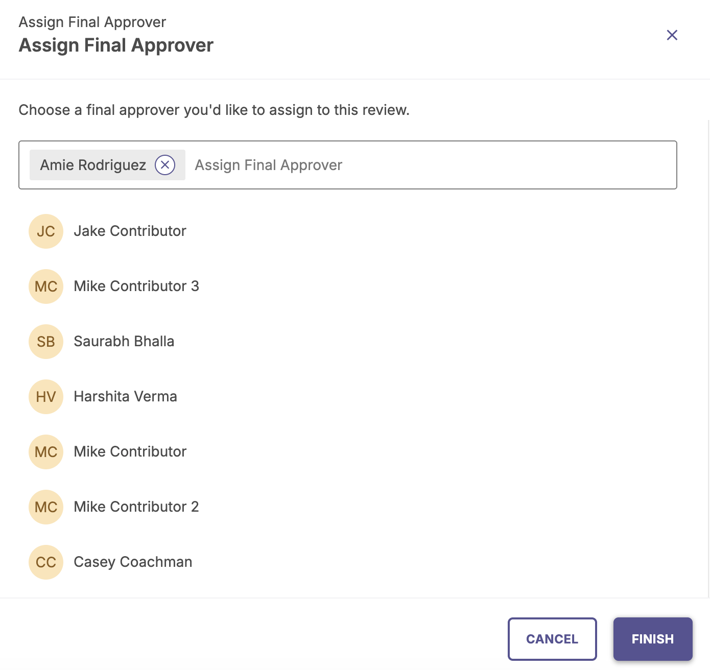 Screen that shows users that can be selected as final approver.