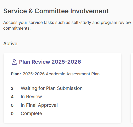 Dashboard view showing the 'Service and Committee Involvement' widget with a list of active reviews.
