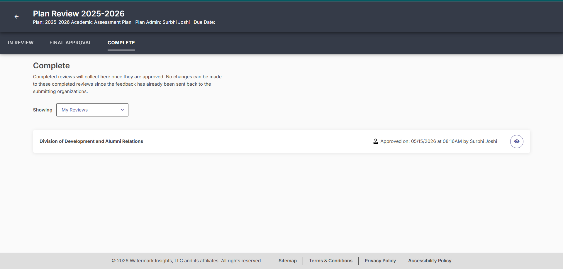 The 'Complete' tab showing a read-only summary of the finalized review.