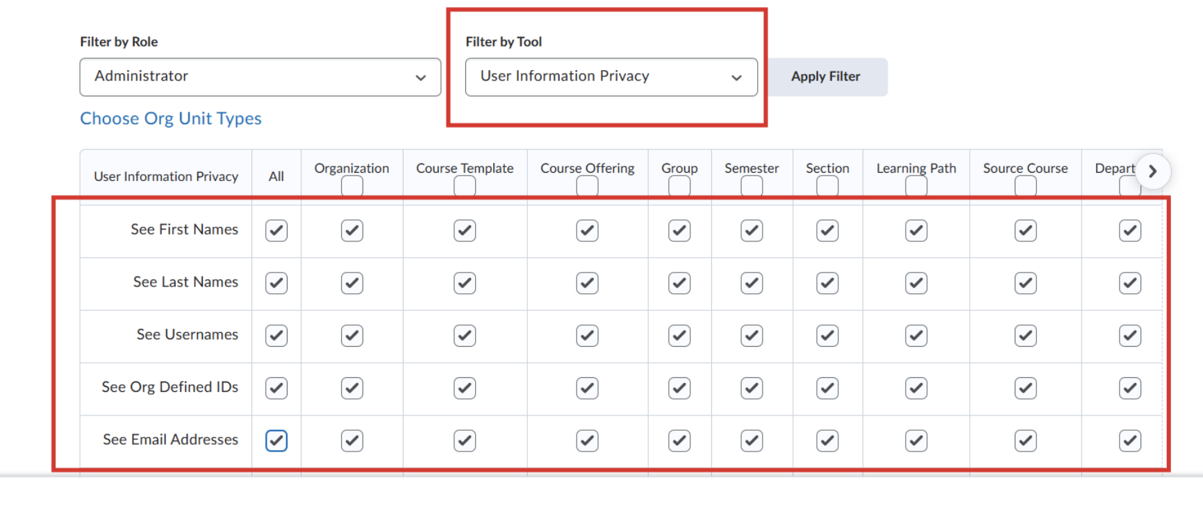 User Information Privacy settings showing checkboxes for visibility of name, username, ID, and email.