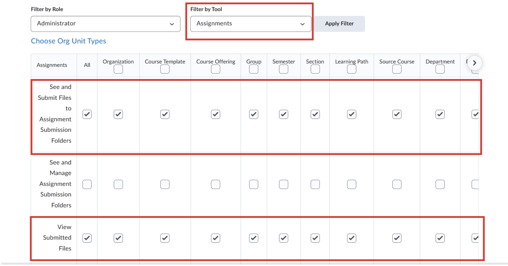 The Permissions filter interface with the Role and Tool dropdowns highlighted for selection.