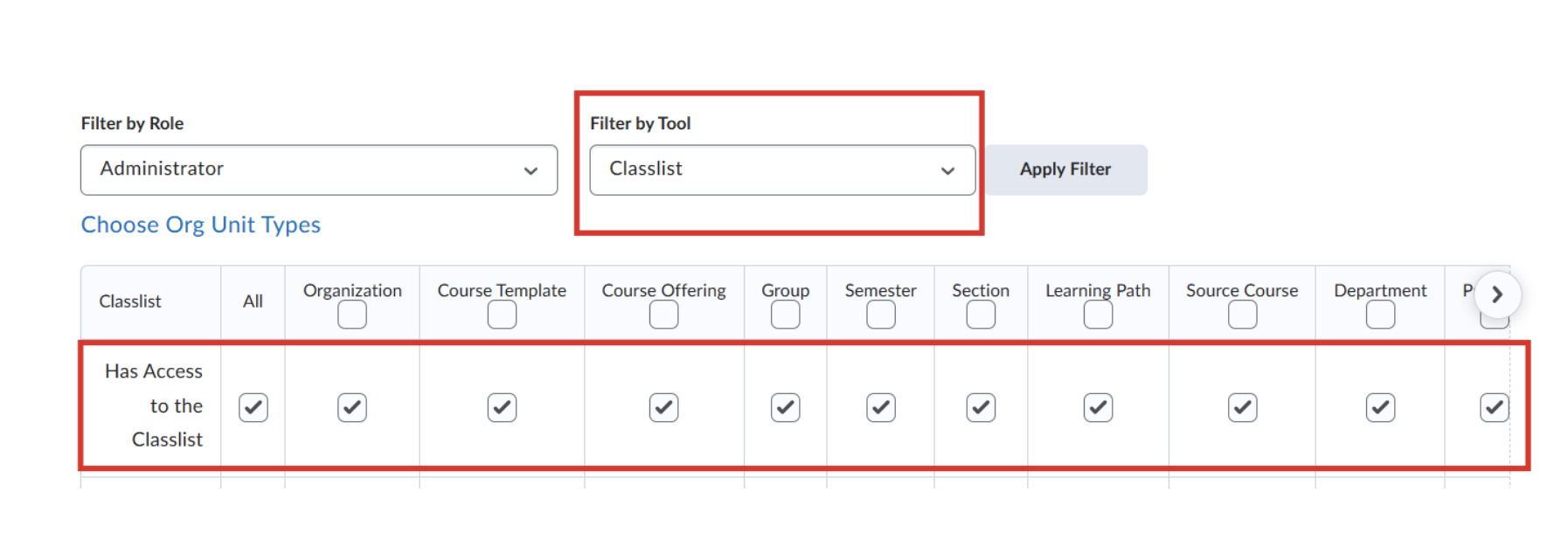 Checkboxes for Assignment permissions showing See and Manage Assignment Submission Folders and View Submitted Files enabled.