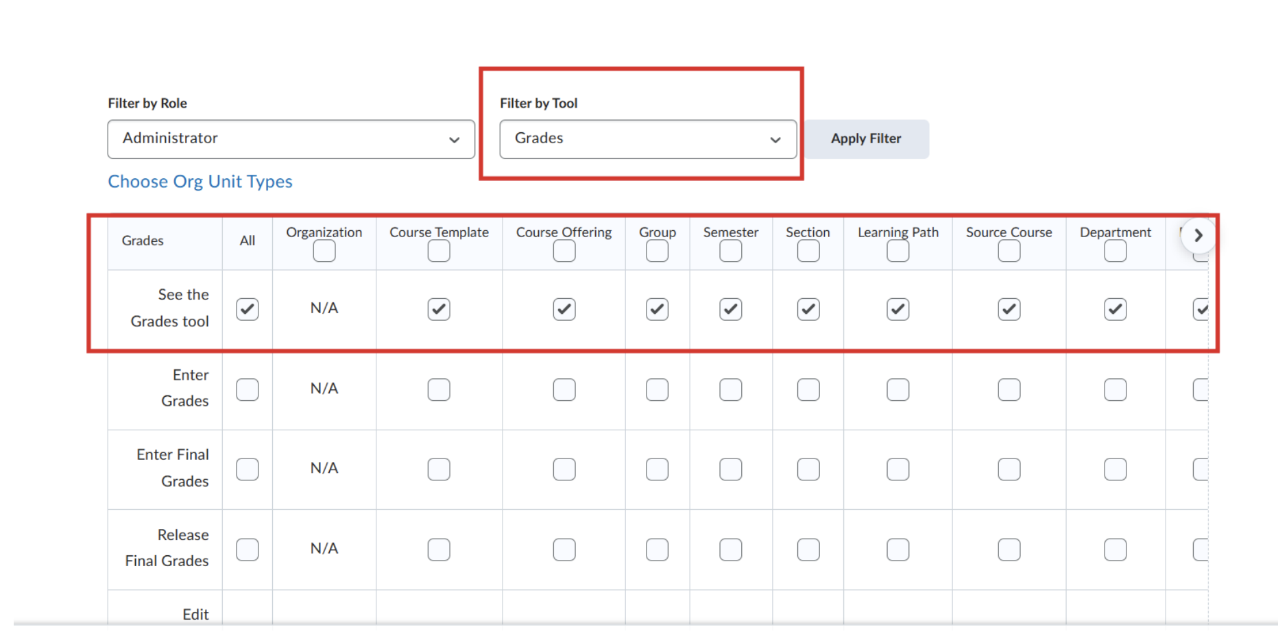 Grades tool permissions interface showing the selection of API-only grade value retrieval.