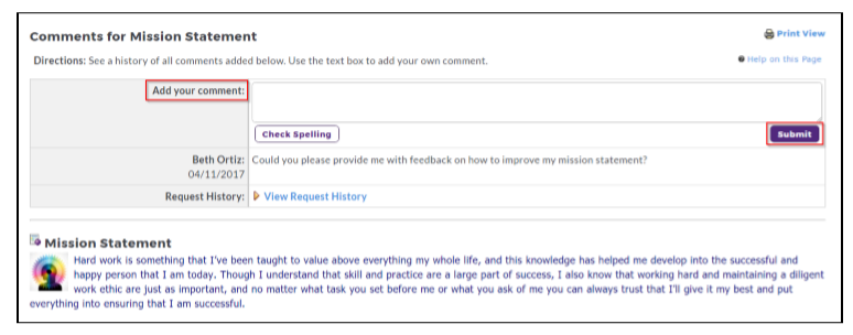 The Comments for Mission Statement section showing a text box labeled Add your comment highlighted, with buttons Check Spelling and Submit. Below, a comment entry is displayed with a link for View Request History, and the Mission Statement text is shown at the bottom.