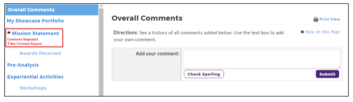 The section showing a left menu with items including Overall Comments, My Showcase Portfolio, Mission Statement, Awards Received, Pre‑Analysis, and Experiential Activities, with the Mission Statement item highlighted. The right side showing the Overall Comments area with a text box for adding a comment and buttons Check Spelling and Submit.