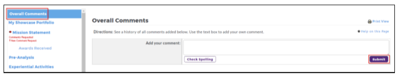 The section showing a left menu with items including Overall Comments, My Showcase Portfolio, Mission Statement, Awards Received, and Pre‑Analysis, with the Overall Comments item highlighted. The right side showing the Overall Comments area with a text box for adding a comment and buttons Check Spelling and Submit.