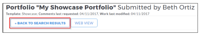 The portfolio header showing the title Portfolio 'My Showcase Portfolio' with submission details, and buttons Back to Search Results and Web View, with the Back to Search Results button highlighted.