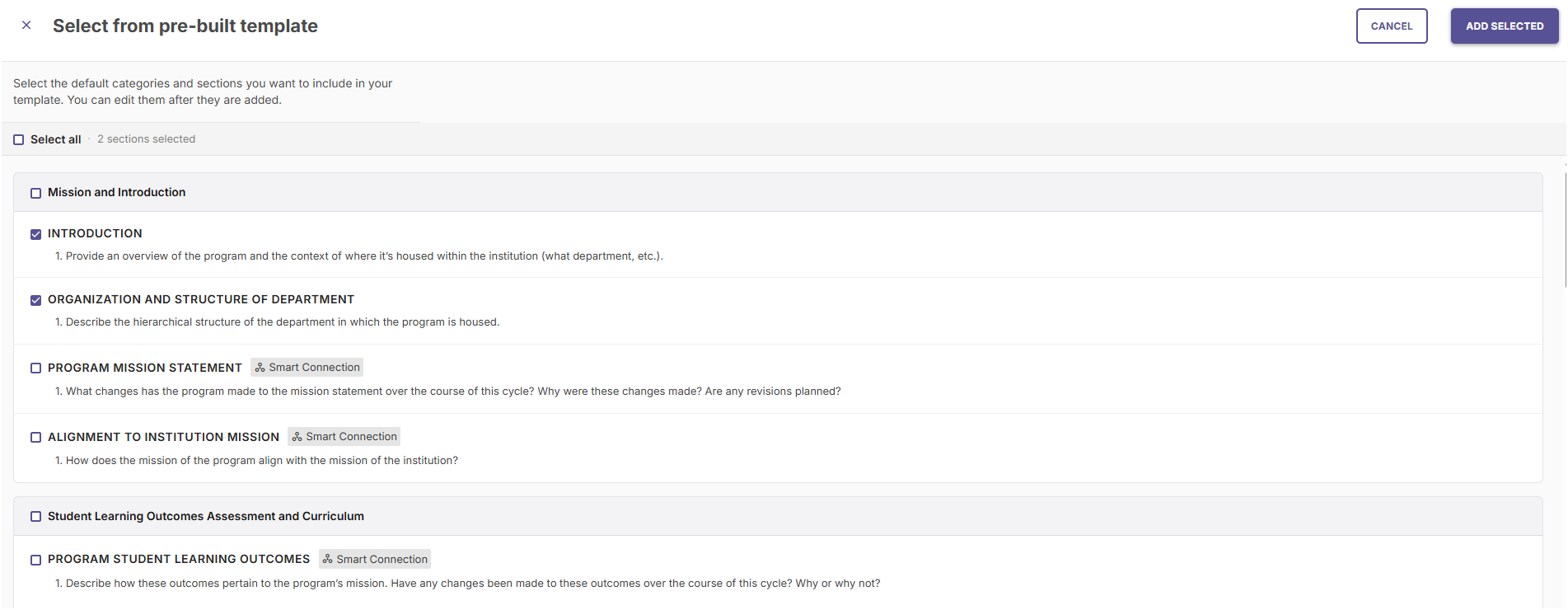 The template library view where administrators can select specific sections from the Watermark Default Template to import.