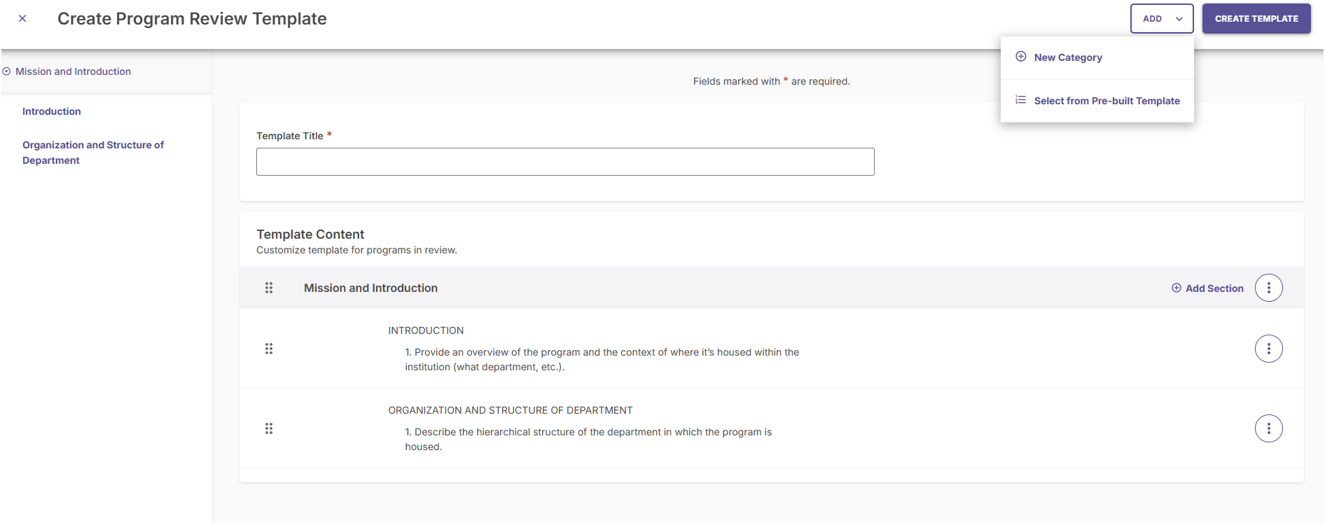 A custom category being named and added to a new program review template.
