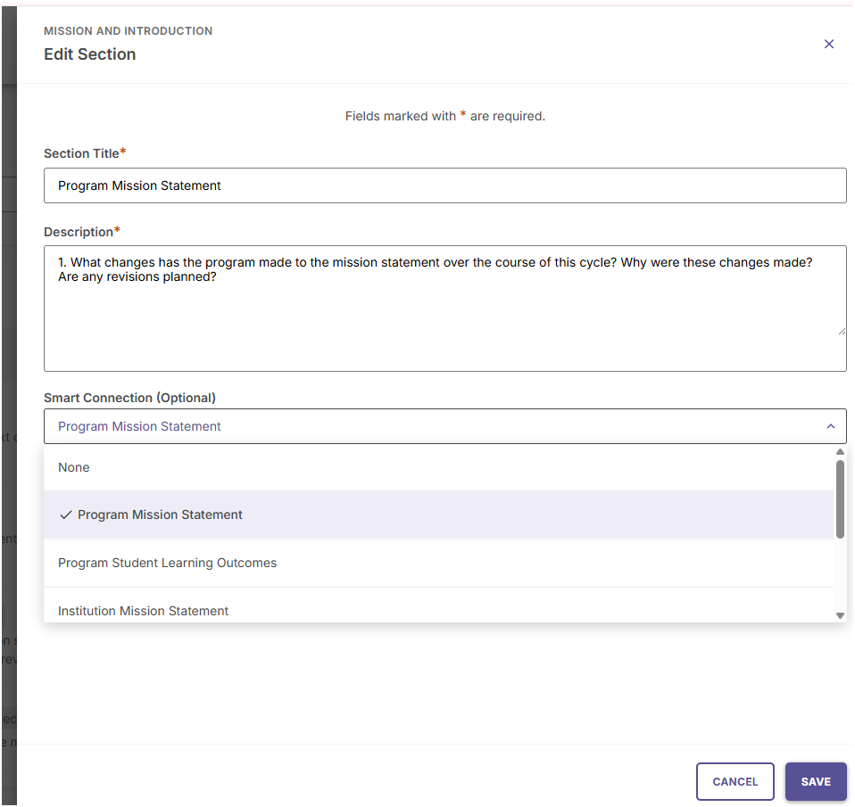A pull down menu showing Smart Connection options to include, such as Mission Statements and Student Learning Outcomes.