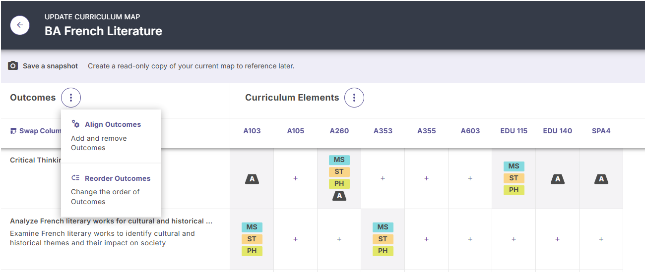 A Curriculum Map showing the Reorder Outcomes icon next to the Outcomes area.