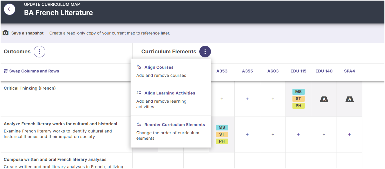 The option to reorder curriculum elements by clicking the more options icon and selecting to reorder. 