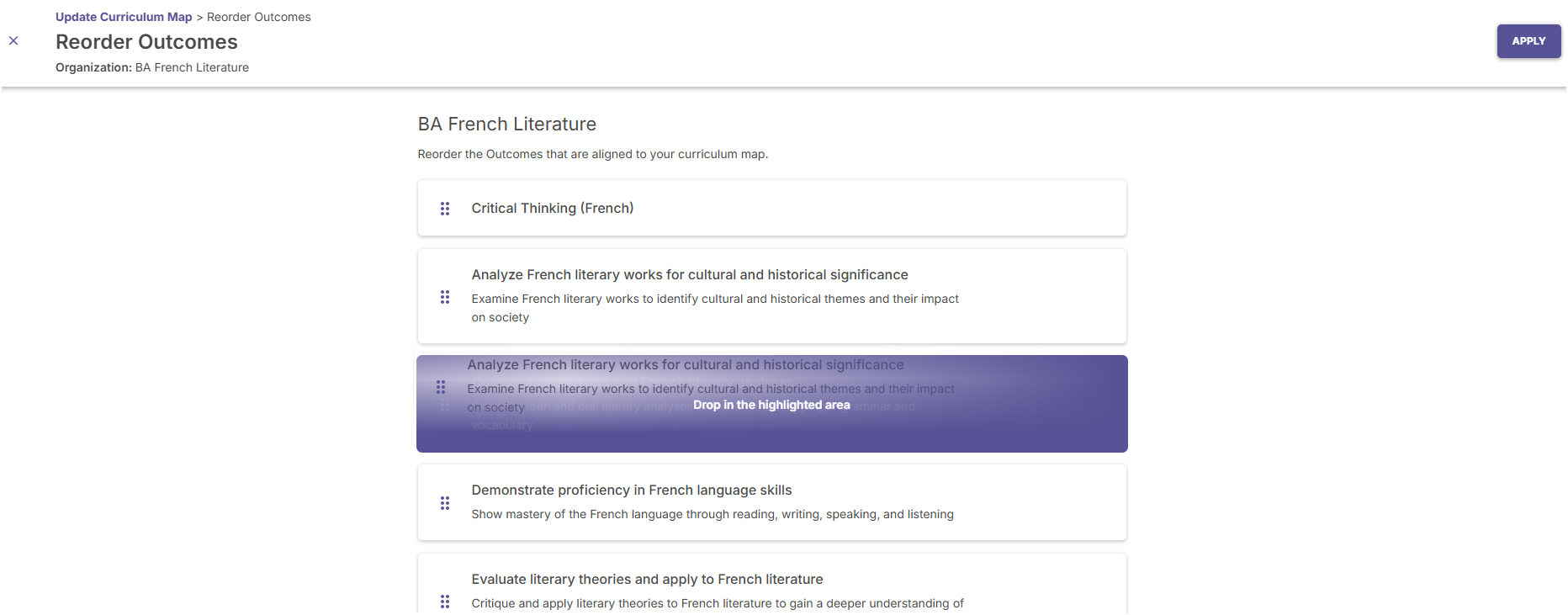 The Curriculum Map preview screen reflecting the newly saved custom order, along with the ability to drag to continue reordering.