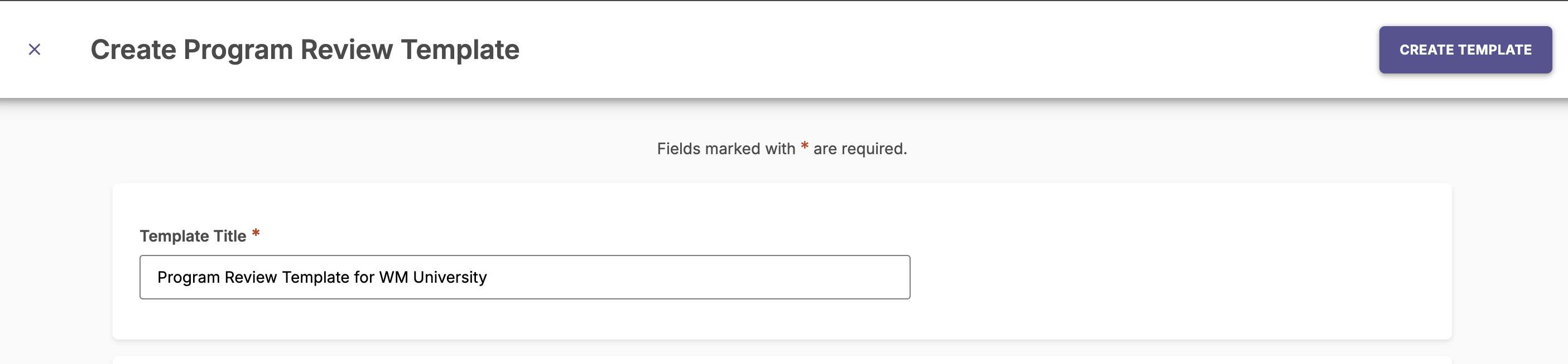 The Template Title entry field where a name for the new program review is typed.