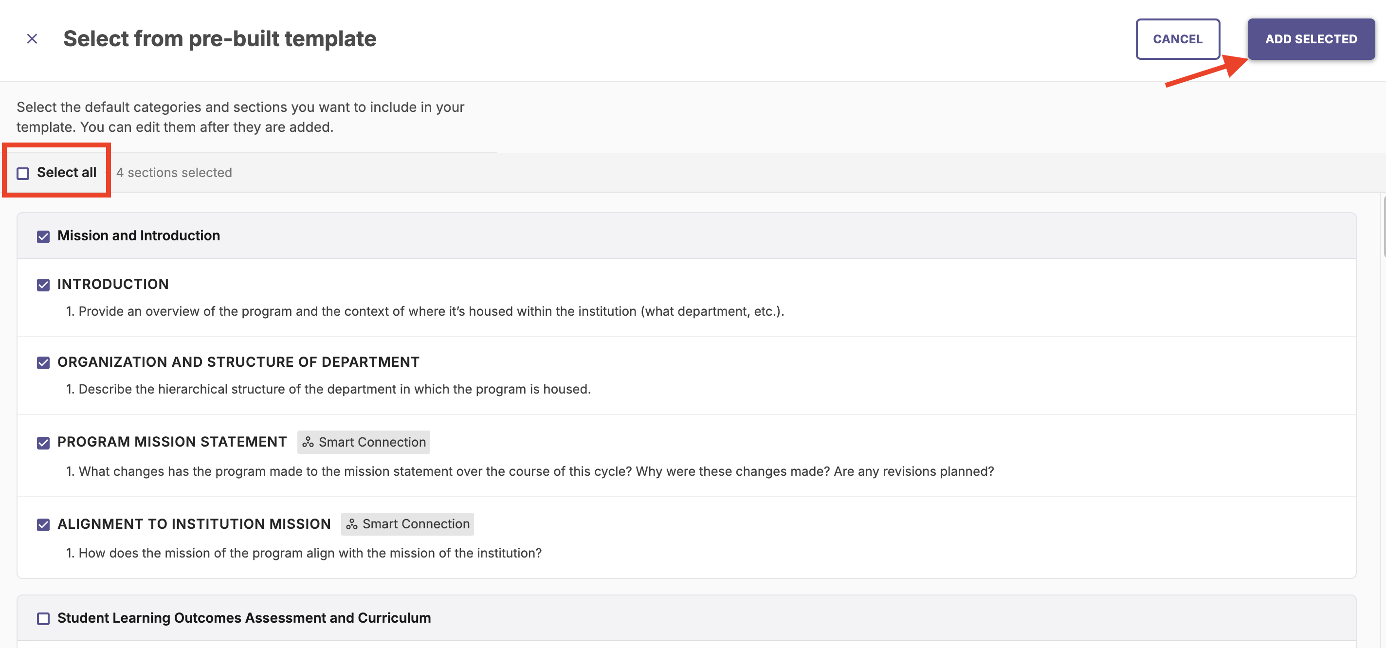 The Pre-built selection window with checkboxes for various program review sections.