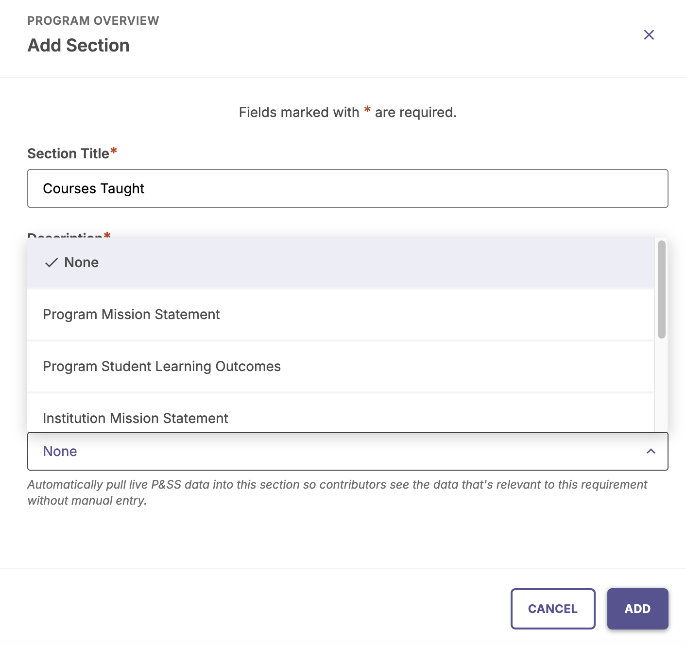 The Section creation form with fields for title, description, and a dropdown for Smart Connections.