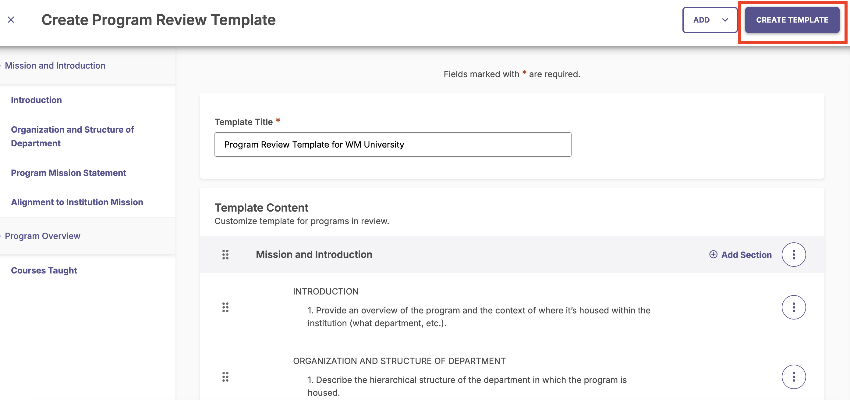 The Create Template button located in the upper right action bar.