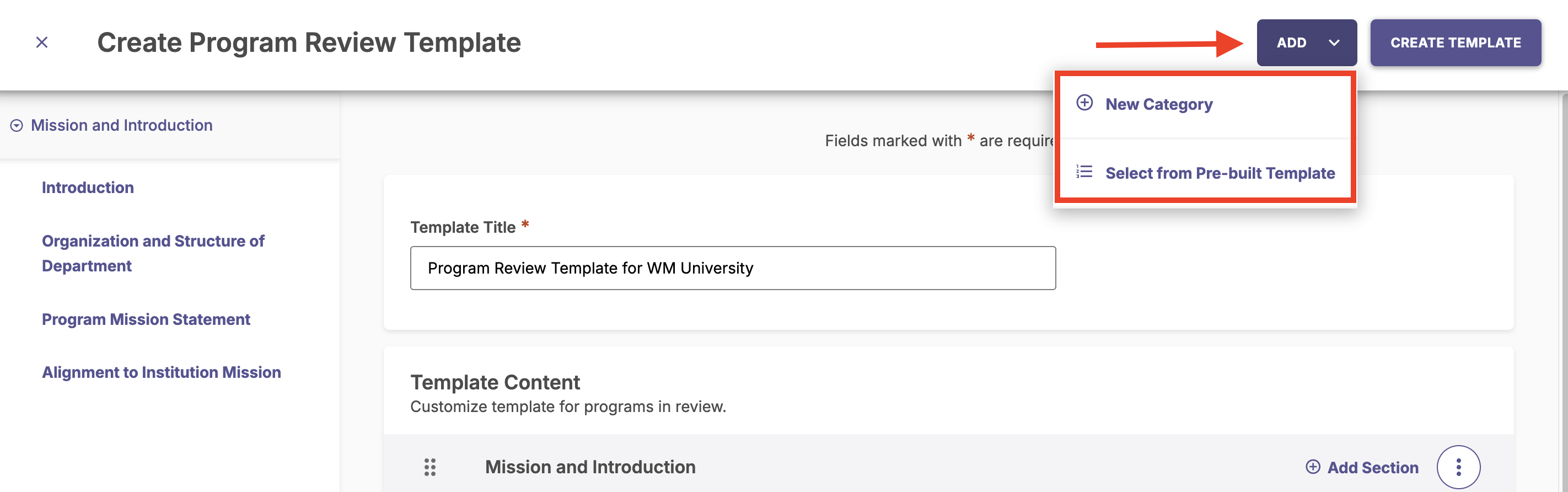 The template structure view showing a list of currently added categories and sections, with the ability to add new categories or select from pre-built.