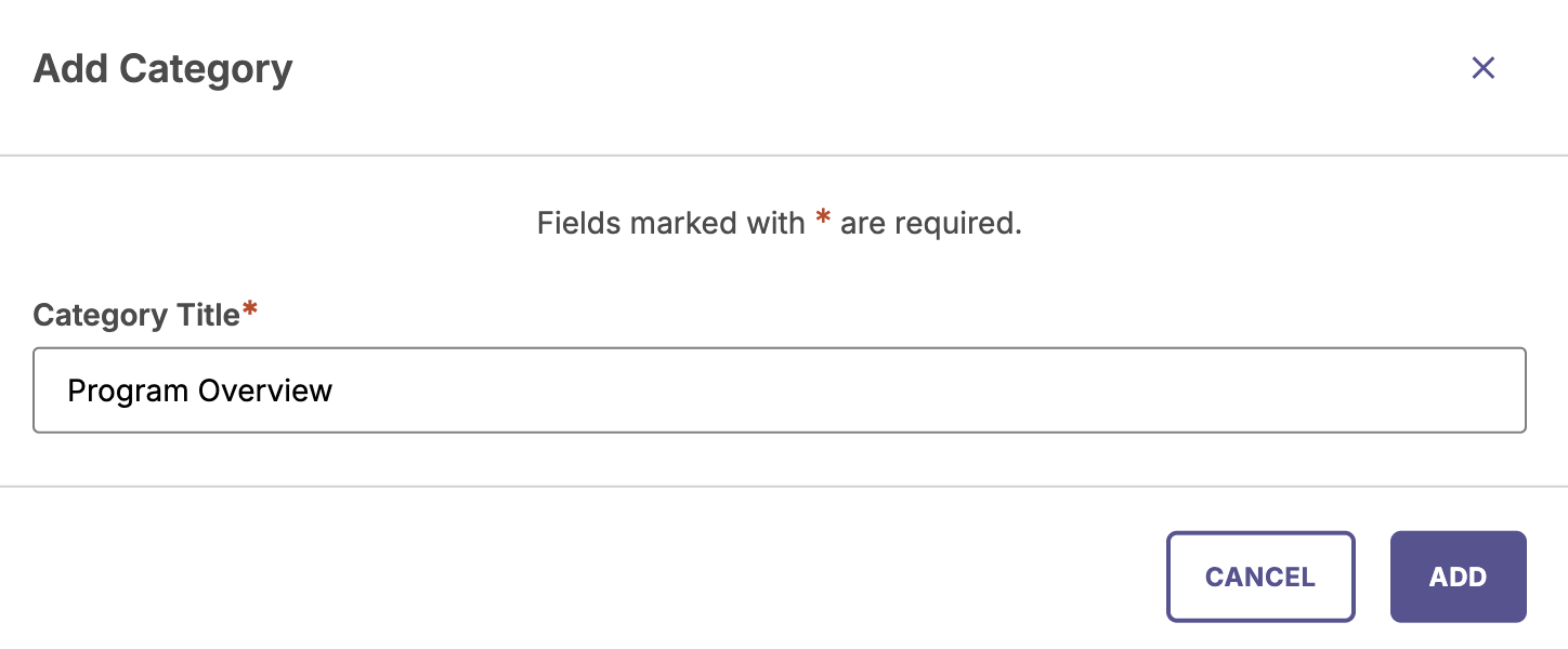 The New Category dialog box with a text field for the category title.
