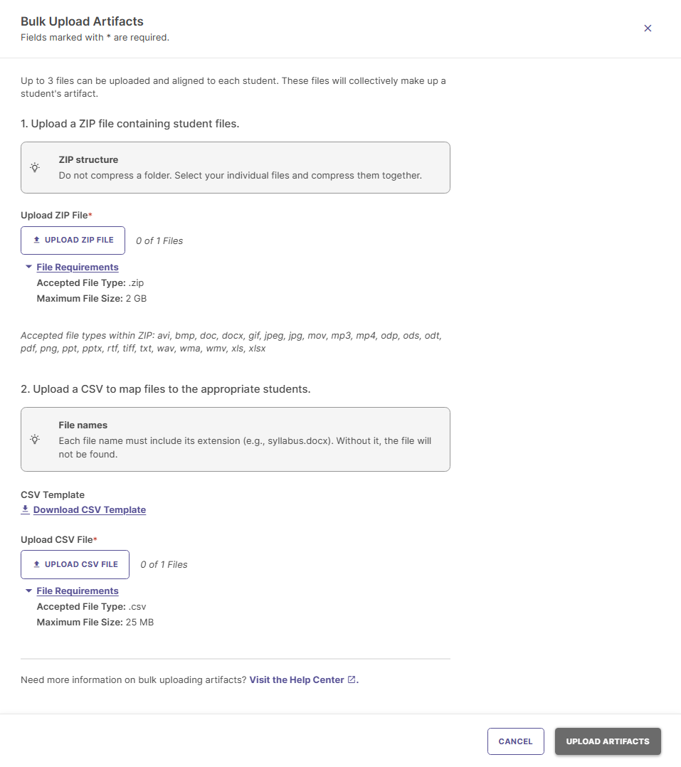 The Bulk Upload Artifacts interface window displaying configuration instructions, a designated file selection field for uploading a ZIP file containing student work, and an interactive area to upload a matching CSV file mapping filenames to specific student accounts.