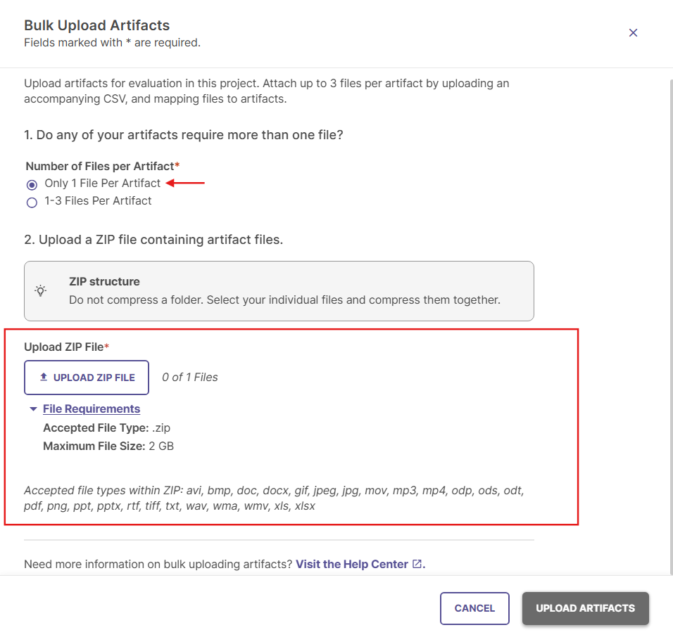 The Bulk Upload Artifacts system modal focusing exclusively on the Zip upload selection area, omitting peripheral layout content for clarity.