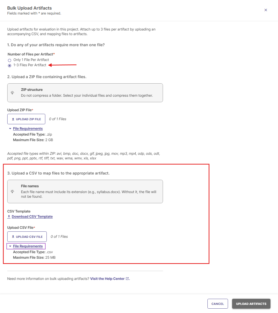 The advanced bulk upload interface requiring both a Zip file for artifacts and an accompanying CSV file used to map and group multiple files into distinct single artifacts.