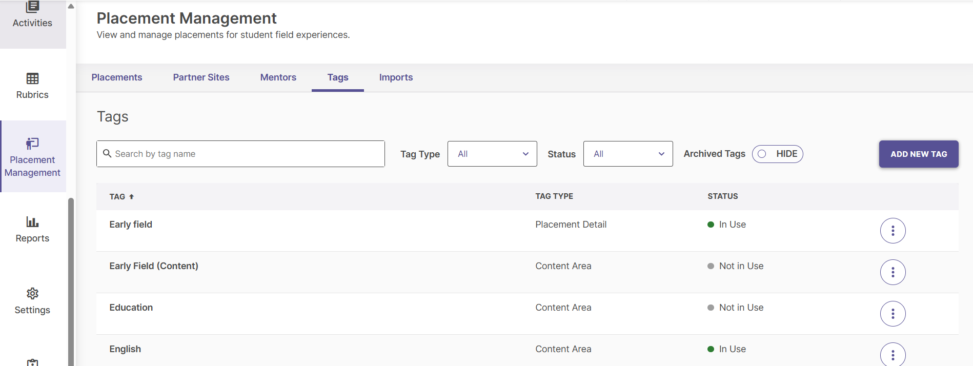 The Placement Management dashboard showing the new Tags sub-tab interface. A data table displays columns for Tag Name, Type (Content Area or Placement Detail), and Status (In Use or Not in Use).