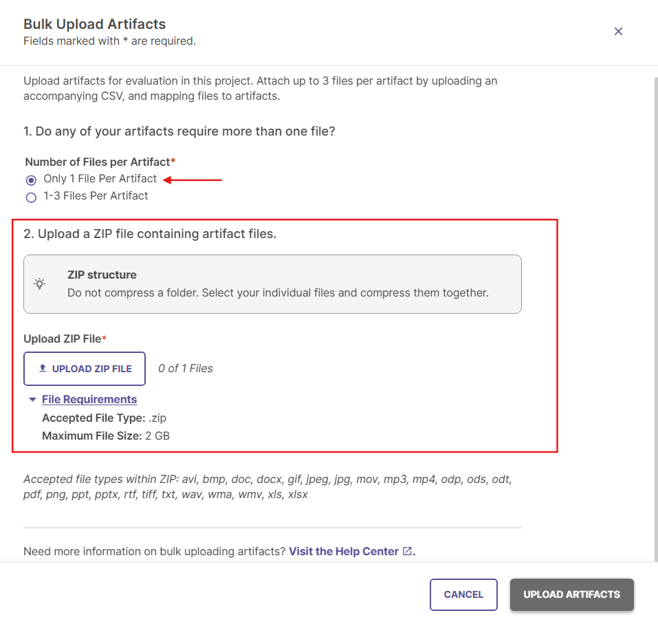 The file upload interface for assessment projects, highlighting the section where users can drag and drop a compressed Zip archive containing individual artifact files.