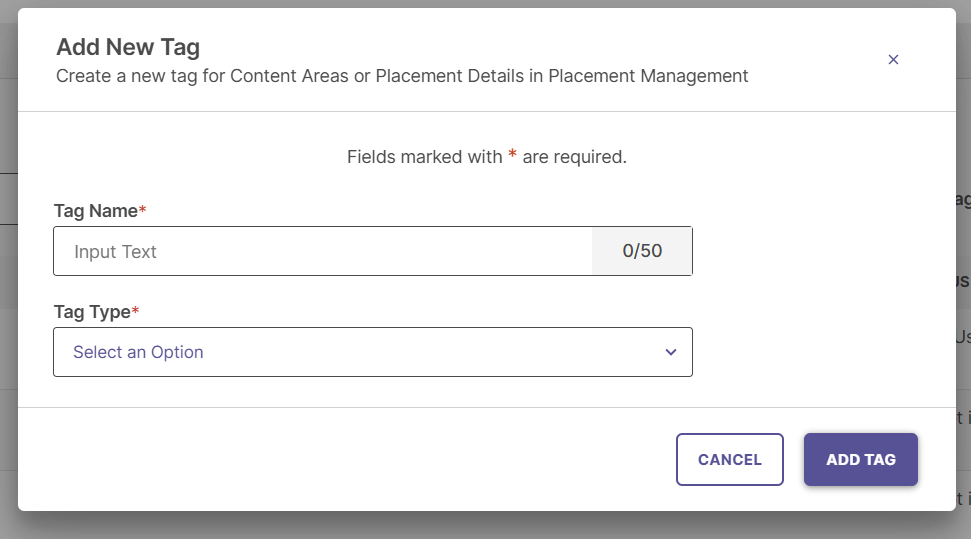 The Create Tag pop-up window with field entries showing customizable Tag Name inputs and options for choosing a Tag Type.