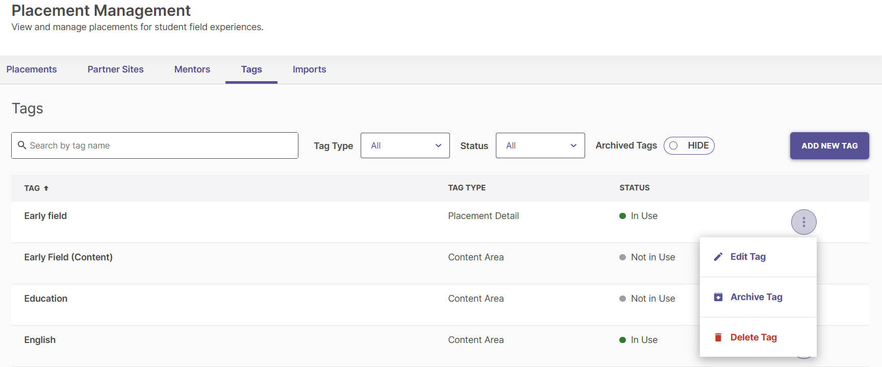 An expanded view of the three-dot overflow menu for a chosen active tag row with the Edit Tag operation highlighted.