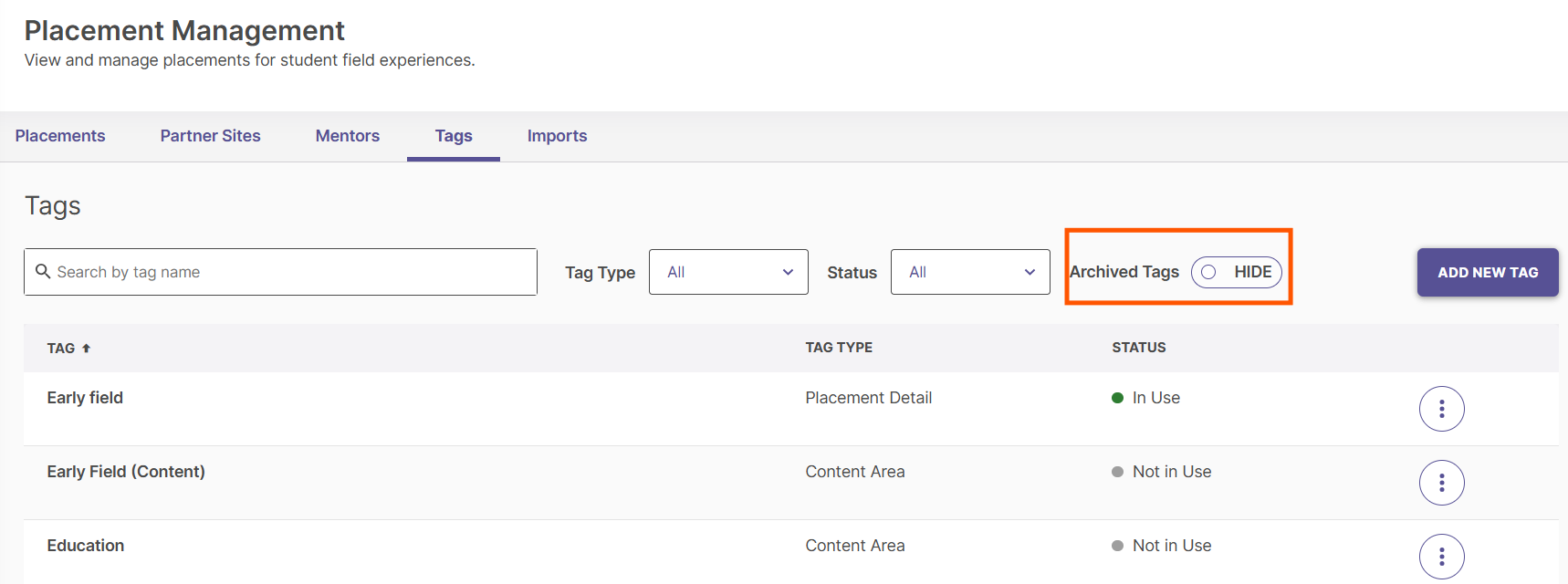 The active Tags control row showing the Archive Tags switch set to Enabled to display filtered items.