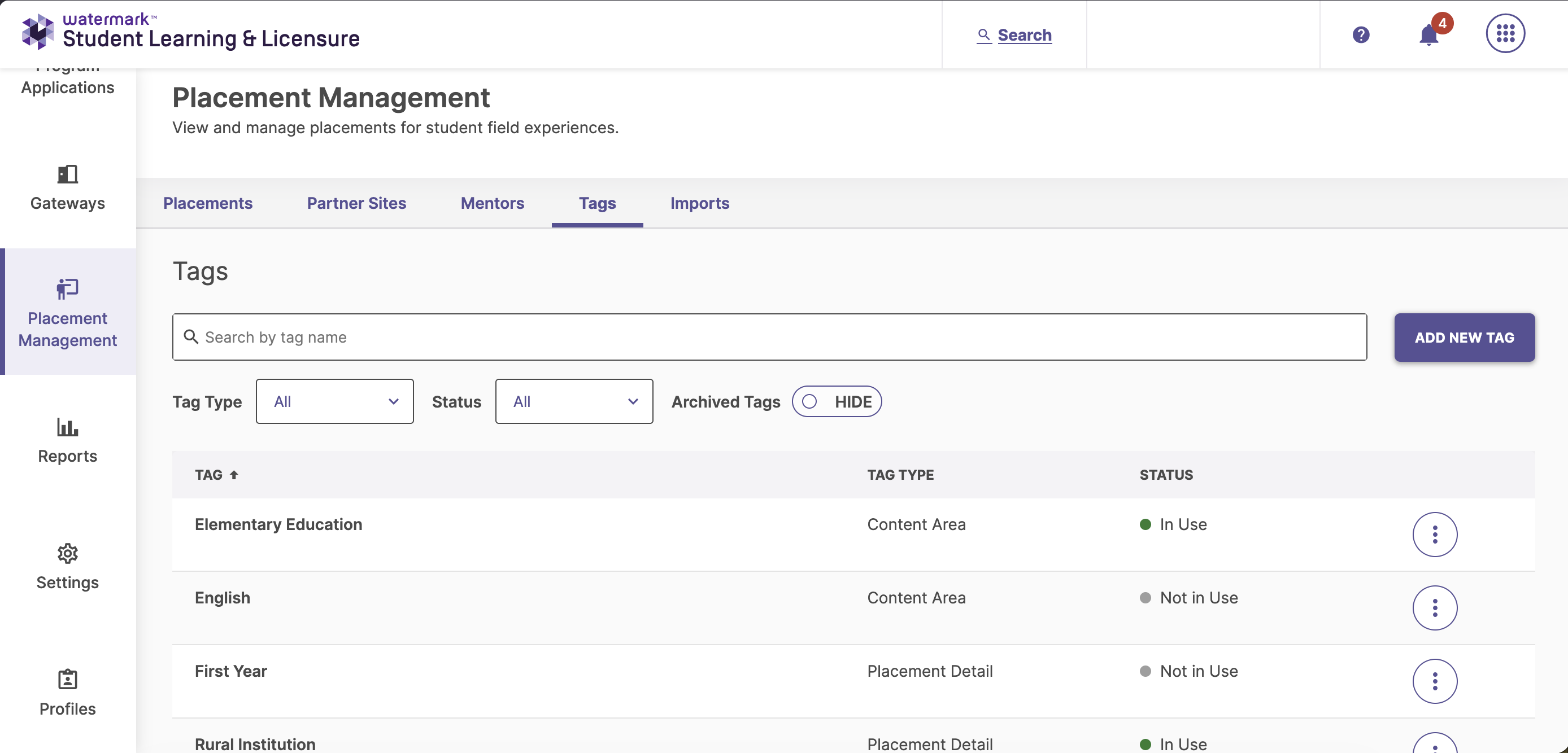 The Placement Management dashboard highlighting the primary Add New Tag feature button.