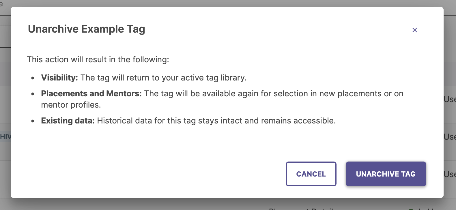An open context option overlay showing the user choosing the option to restore an archived element item.
