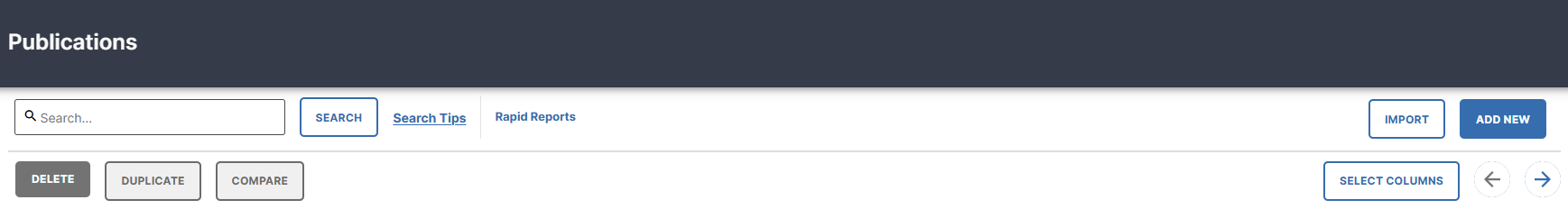 The Publications activity screen showing the Import button in the toolbar.