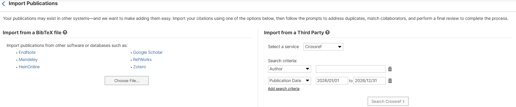 The Import Publications screen showing the BibTeX file import panel on the left and the Third Party import panel on the right, with Crossref selected as the service.
