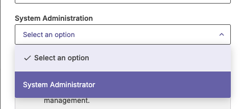 The System Administration drop-down with System Administrator selected.