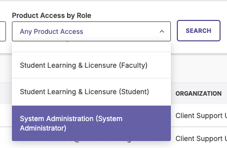 The "Product Access by Role" drop-down with System Administration highlighted.