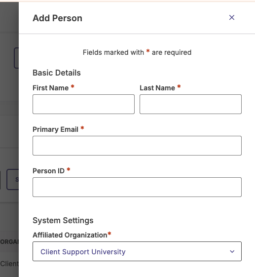 The Add Person creation form showing input fields for user account details and the Person ID configuration options.
