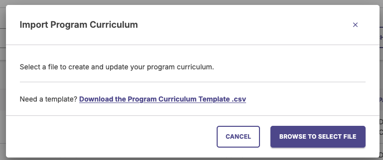 Pop-up window for importing program curriculum containing a download template link.
