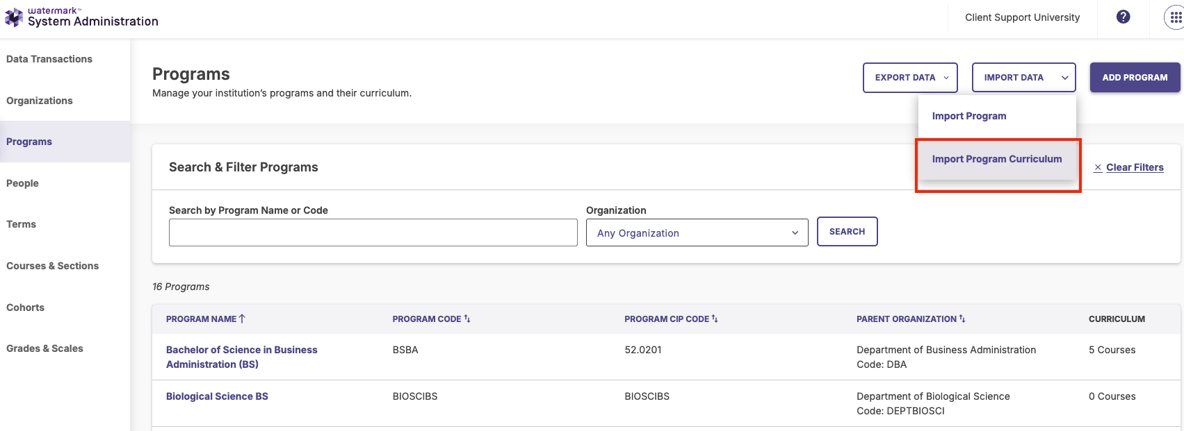 The Programs dashboard interface focusing on the Import Program Curriculum selection button.